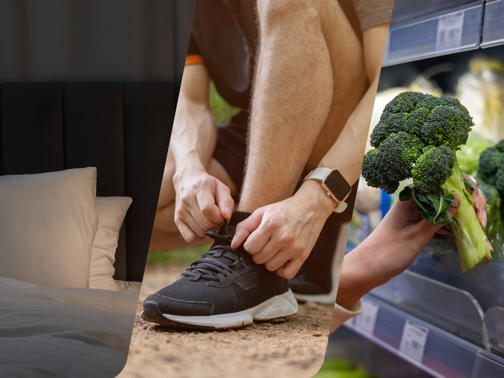 Bed, shoelace tying and broccoli