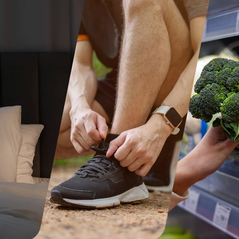 Bed, shoelace tying and broccoli